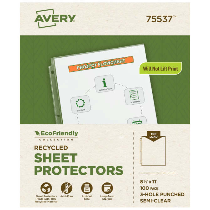 Avery® EcoFriendly Recycled Economy Sheet Protectors, SemiClear, Top